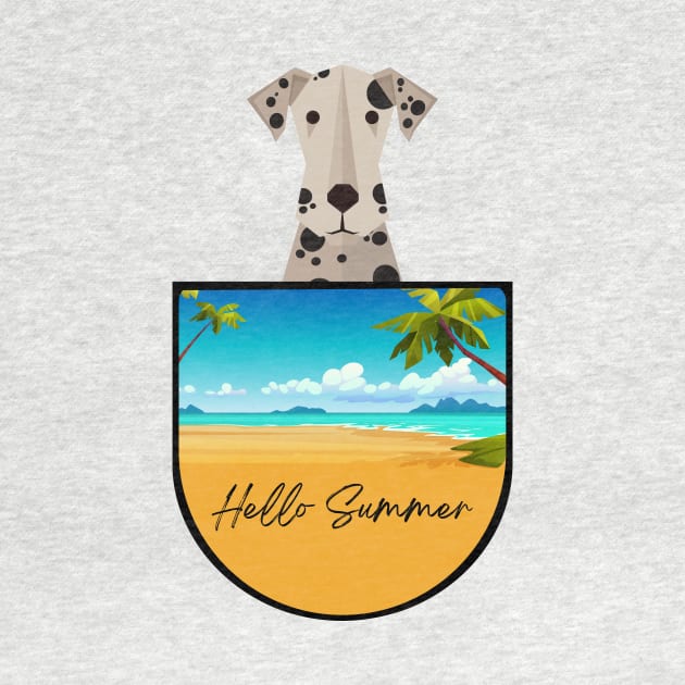 Dalmatian Dog in Beach Pocket with Hello Summer Sign by Seasonal Dogs